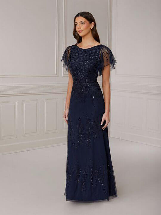 An Adrianna Papell Platinum gown with exquisite detailing, perfect for timeless elegance and special occasions