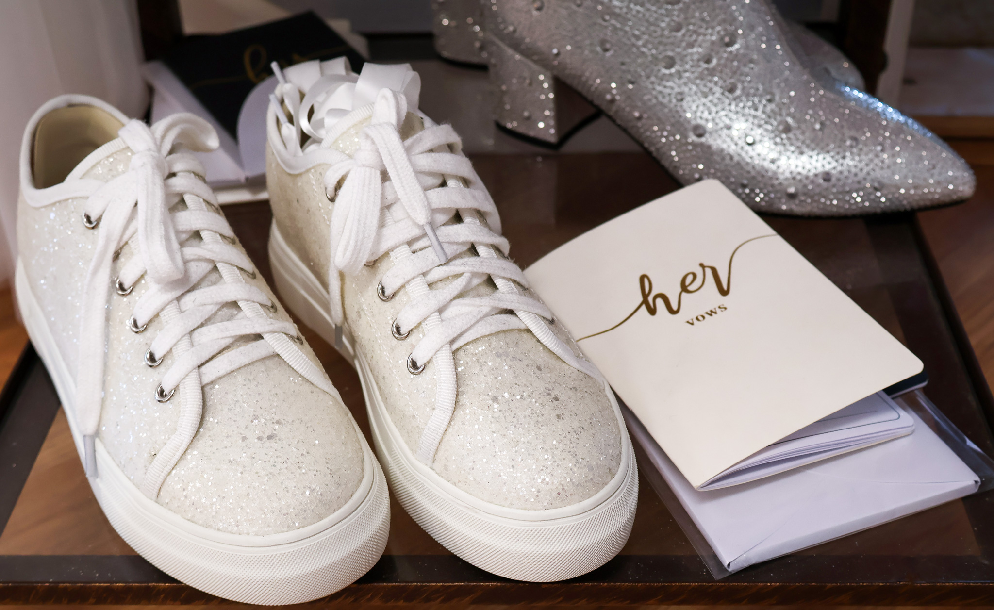 Sparkly shoes and a "her vows" notebook for bachelorette parties and pre-wedding planning.